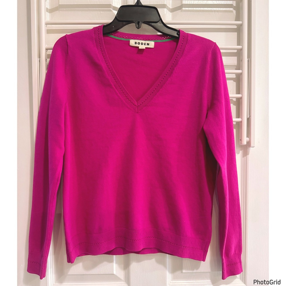 Boden Catriona Pointelle Trim Crewneck Sweater Cotton Magenta Small Preppy